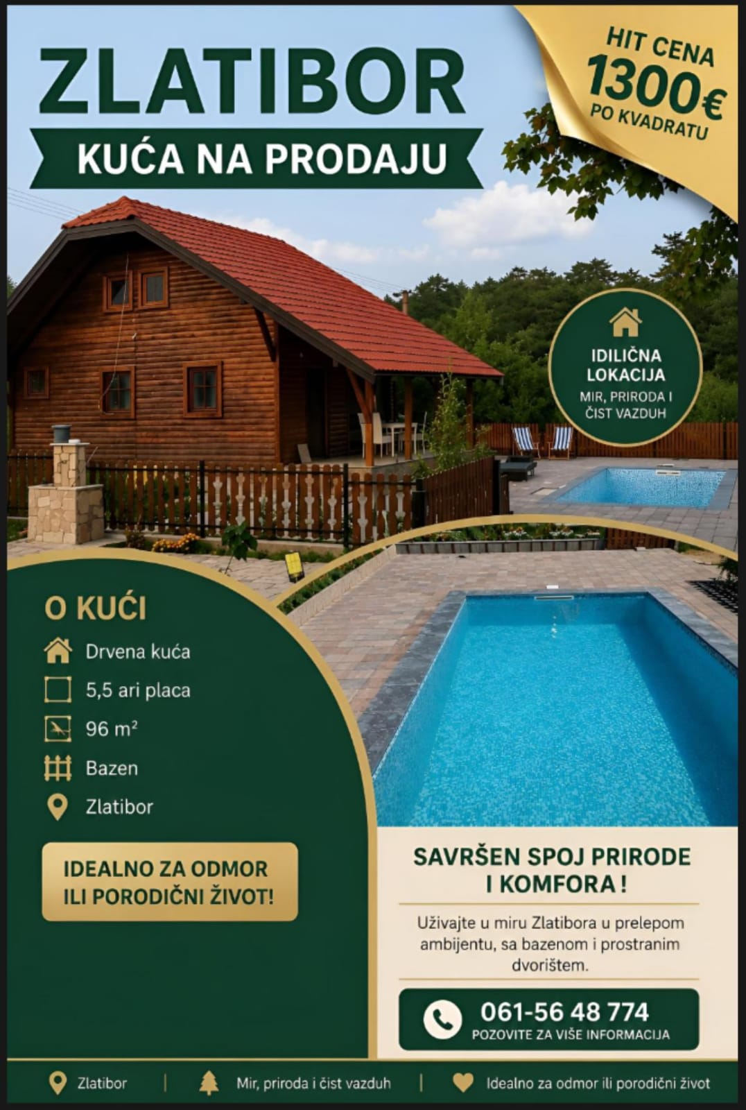 Zlatibor, drvena kuca sa bazenom na prodaju 96 m2 na placu od 5,5 ari