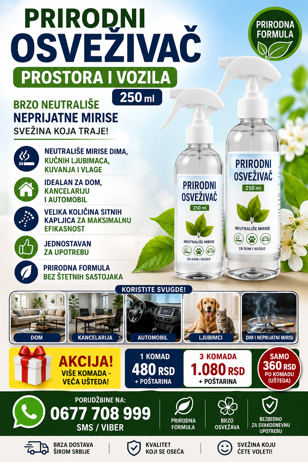 🌿 PRIRODNI OSVEŽIVAČ PROSTORA I VOZILA – 250 ml